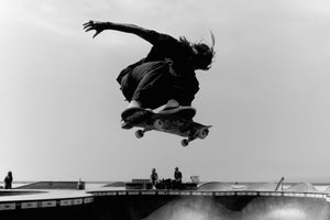 Airborne Skateboard Photography Print, Black and White Urban Art (8.5x11)