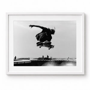 Airborne Skateboard Photography Print, Black and White Urban Art (8.5x11)