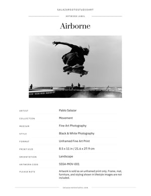 Airborne Skateboard Photography Print, Black and White Urban Art (8.5x11)